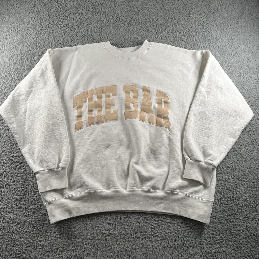 The Bar Sweatshirt Womens L White Fleece Crewneck Pullover Graphic Logo Relaxed